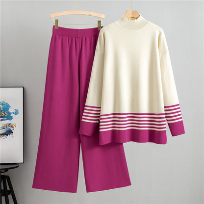 Autumn Winter Fashionable Loose Sweater Wide Leg Trousers Striped Two Piece Sweater Women