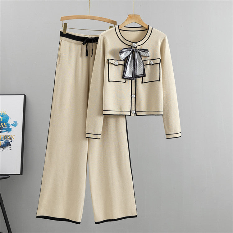 Women Autumn Elegant Knitted Cardigan Western Wide Leg Pants Two Piece Set