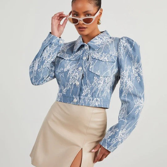 Spring Casual Loose Floral Lace Denim Jacket