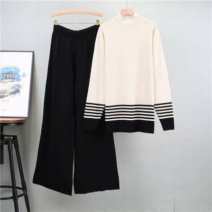 Autumn Winter Fashionable Loose Sweater Wide Leg Trousers Striped Two Piece Sweater Women