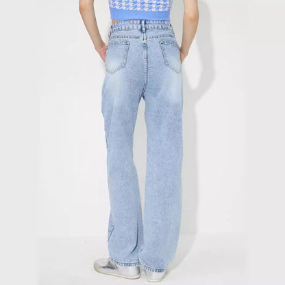 Pantalon en denim ample taille haute brodé droit pour femme