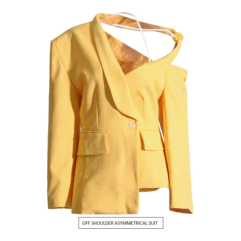 Blazer de un solo hombro para mujer, holgado, informal, estilo coreano, con cordones y cintura controlada para oficina