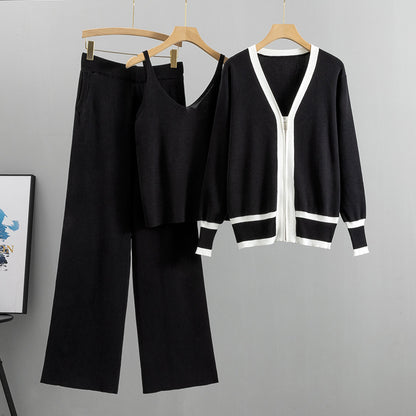 Spring Autumn Women Clothing Suit Tide Knitted Cardigan Sling Wide Leg Pants Three Piece Suit Suit