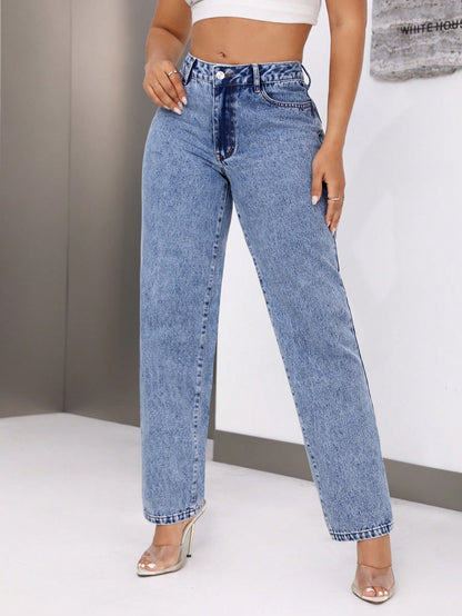 Pantalon droit en denim taille haute rétro pour femme