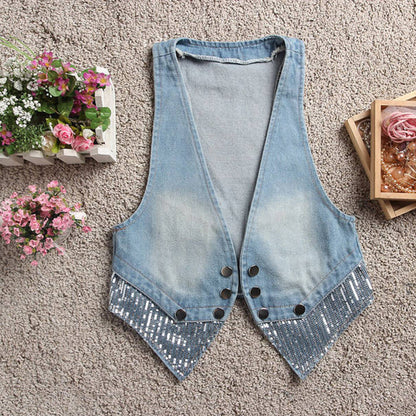 Korean All Matching Sleeveless Denim Waistcoat Vest Waistcoat Women Spring Autumn Short Outer Wear Cardigan Vest Cardigan