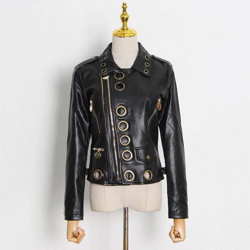 Locomotive Jacket Leather Coat Spring Polo Collar Eyelet Rivet Hollow Out Cutout Slim Jacket