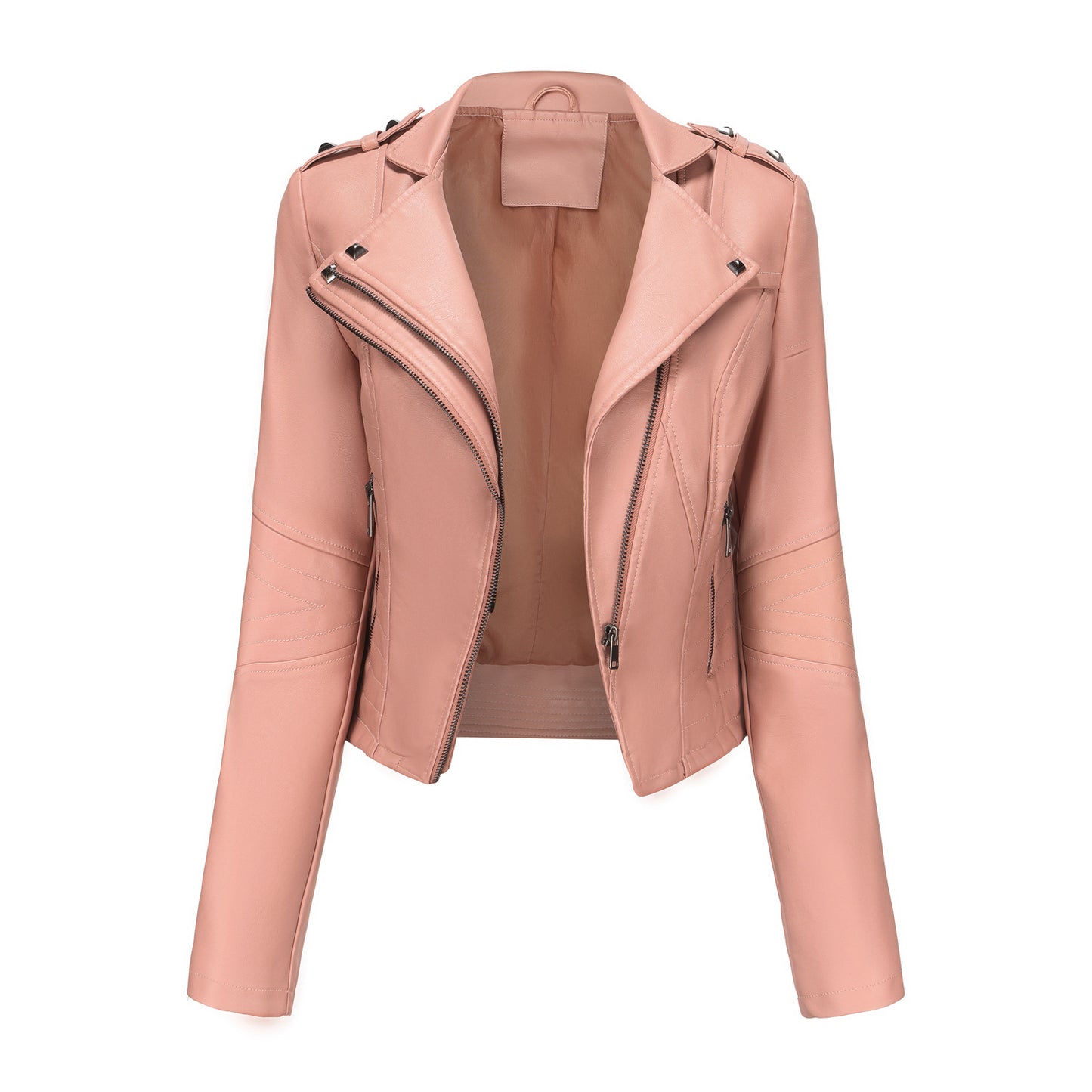 Veste en cuir Slim Fit à manches longues pour femme, veste courte populaire à rivets, veste en cuir à fermeture éclair