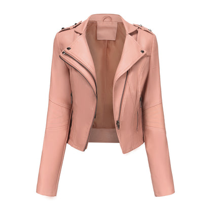 Slim Fit Long Sleeved Spring Autumn Leather Jacket Women Rivet Popular Short Jacket Zipper Leather Jacket