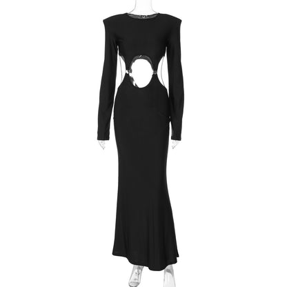 Robe d'été à manches longues pour femmes, couleur unie, col rond, sexy, découpée, coupe ajustée