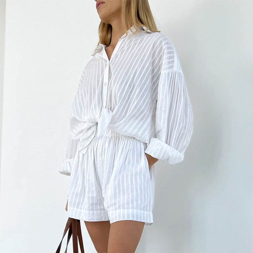 Summer Women Clothing Shirt Jacquard Striped Puff Sleeve Shorts Office Design Casual Set