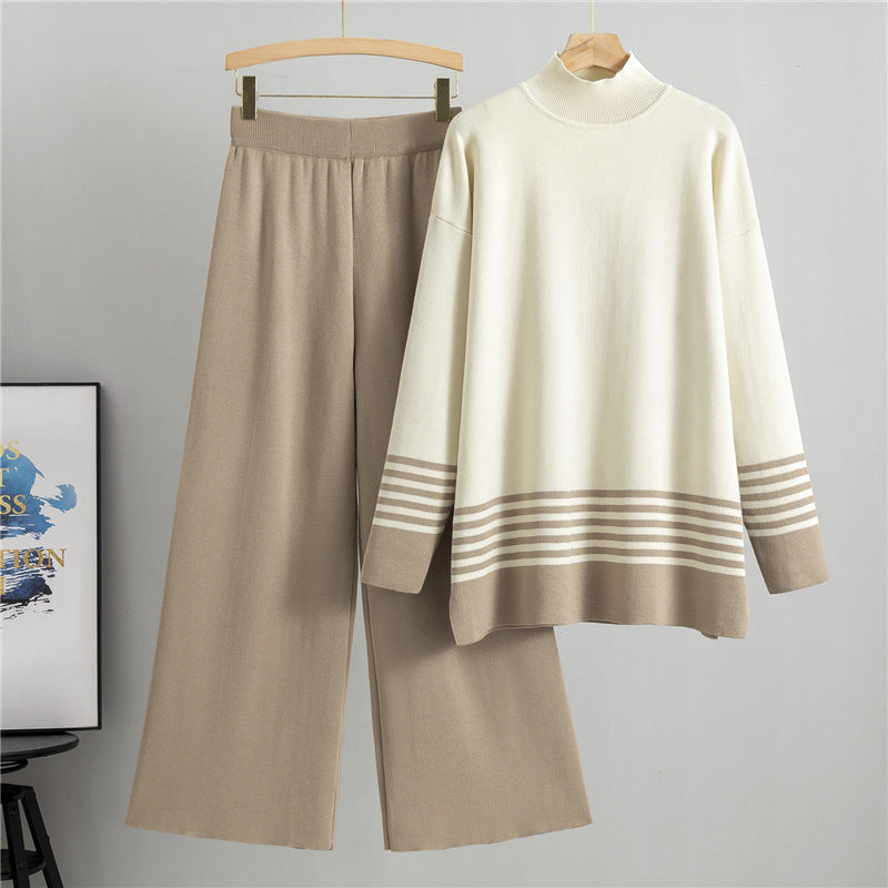 Autumn Winter Fashionable Loose Sweater Wide Leg Trousers Striped Two Piece Sweater Women