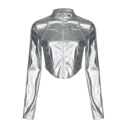 Chaqueta de cuero reflectante estilo hipster con tejido revestido metalizado, cuello alto, dobladillo asimétrico irregular, chaqueta corta expuesta y sexy