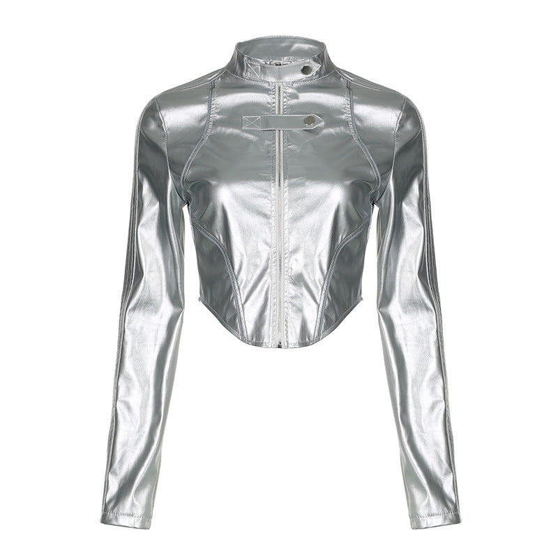 Chaqueta de cuero reflectante estilo hipster con tejido revestido metalizado, cuello alto, dobladillo asimétrico irregular, chaqueta corta expuesta y sexy