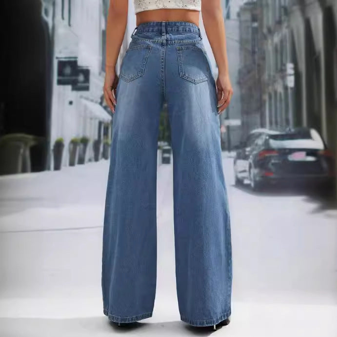 Women Clothing Denim Fashionable Figure Flattering High Waist Wide Leg Straight Denim Trousers