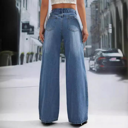 Vêtements pour femmes Pantalon en denim à la mode flatteur pour la silhouette, taille haute, jambe large, droit