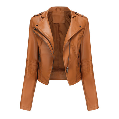 Slim Fit Long Sleeved Spring Autumn Leather Jacket Women Rivet Popular Short Jacket Zipper Leather Jacket