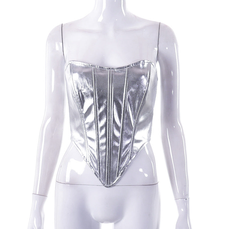 Metallic Coated Fabric Women Clothing Spring Metallic Coated Fabric Waist Top Sexy Base Shirt