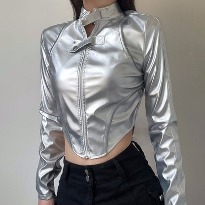 Metallic Coated Fabric Hipster Reflective Leather Jacket Stand Collar Irregular Asymmetric Hem Short Cropped-Exposed Sexy Jacket Top