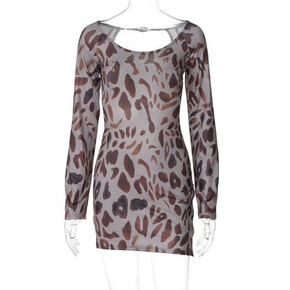 Robe à manches longues dos nu à imprimé animal pour femme, vêtement d'automne sexy