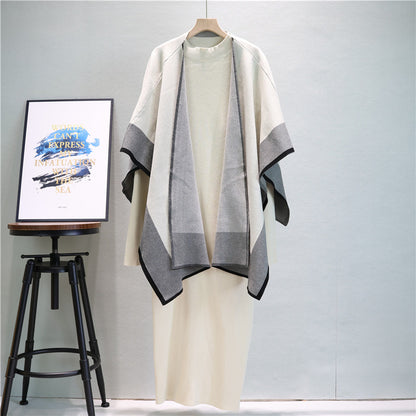 Autumn Winter Classic Socialite Color Matching Loose Cape Shawl Fashionable Knitted Skirt Set Women