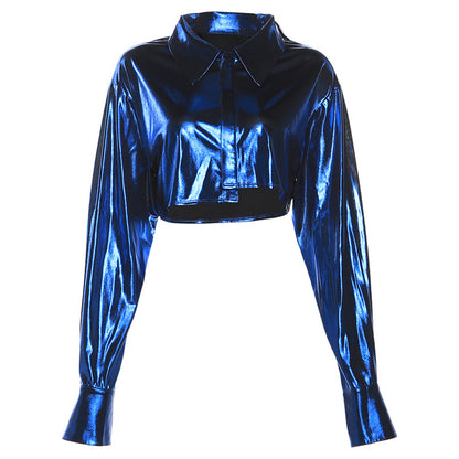 Metallic Coated Fabric Women Clothing Autumn Reflective Personality Polo Collar Single Breasted Cardigan Long Sleeves Cropped Coat