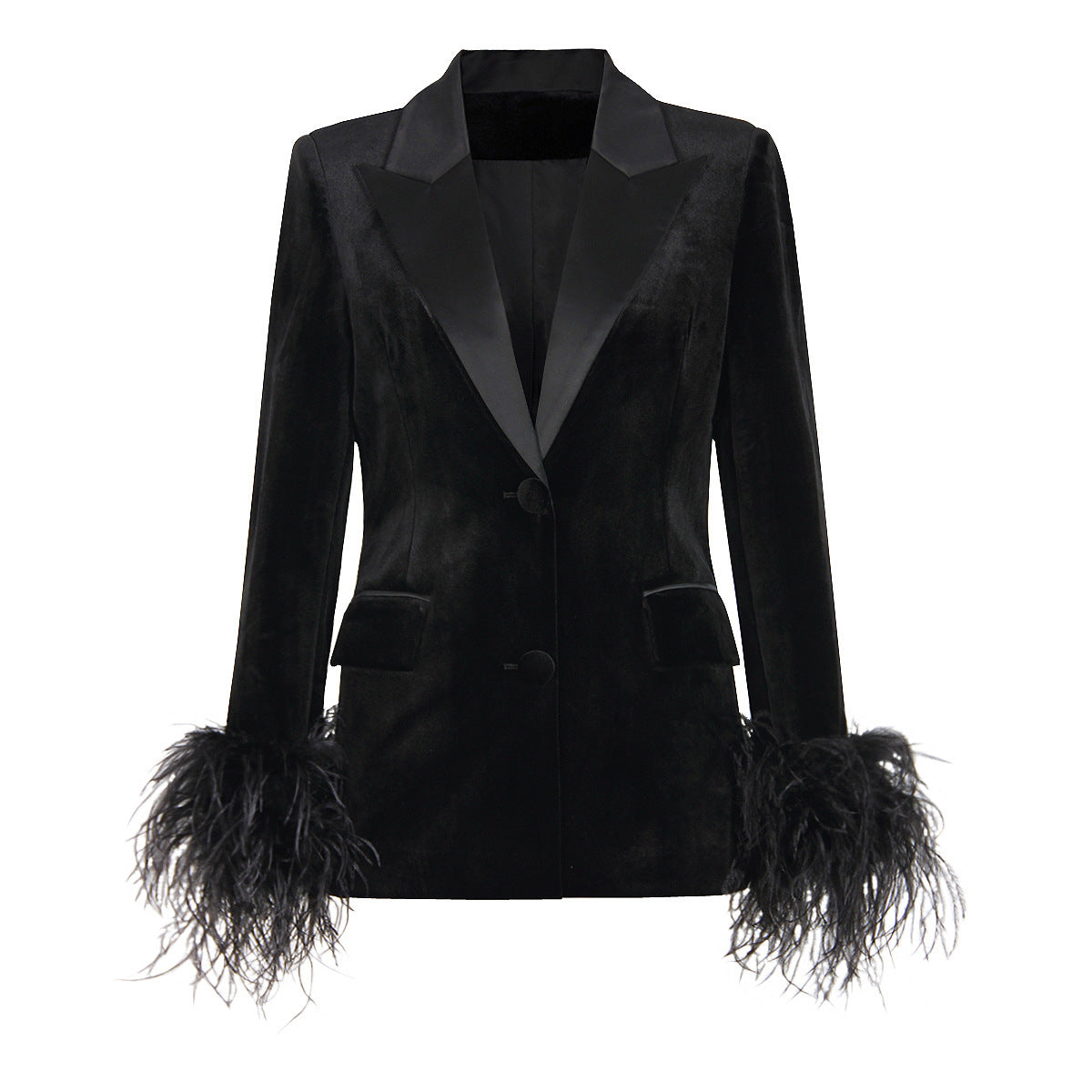 Spring Autumn Velvet Women Ostrich Feather Jacket Blazer