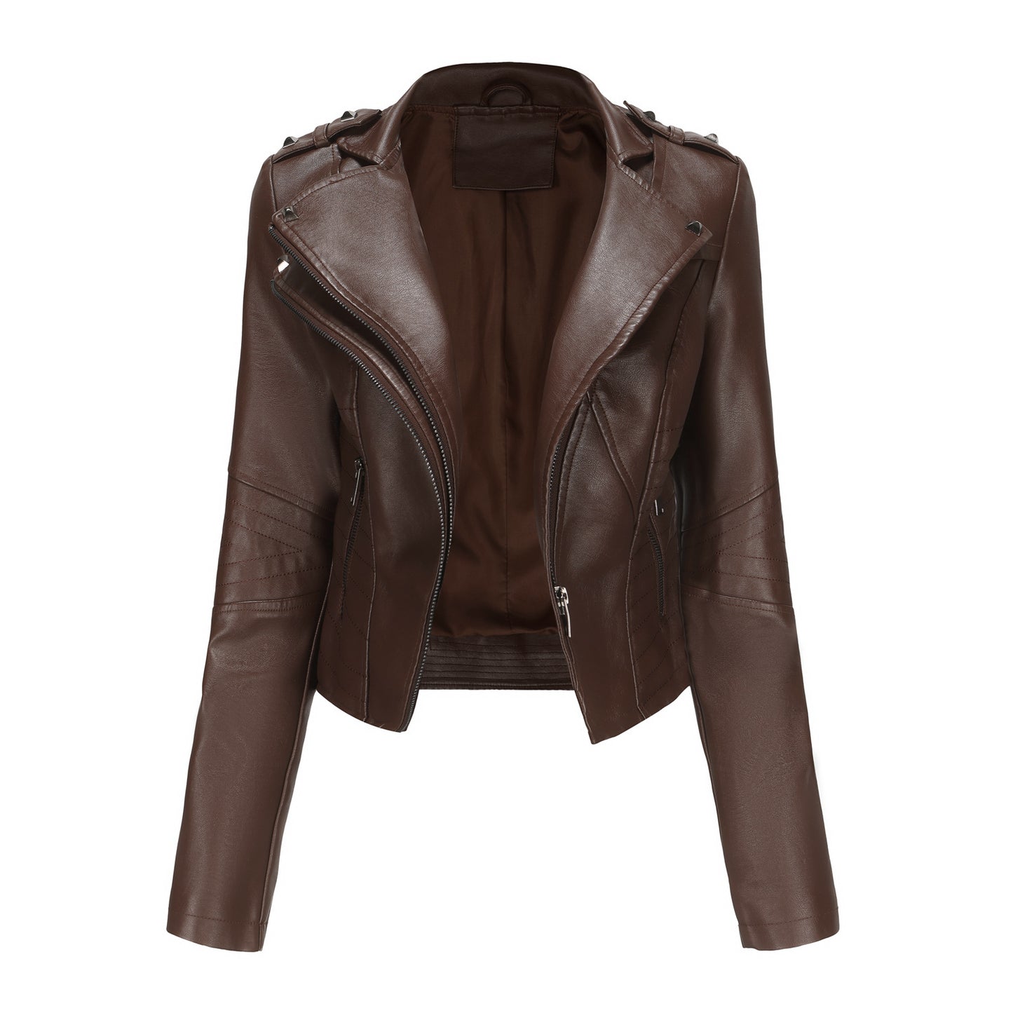 Veste en cuir Slim Fit à manches longues pour femme, veste courte populaire à rivets, veste en cuir à fermeture éclair