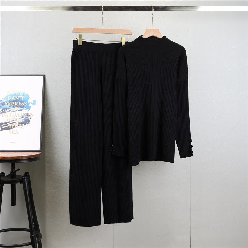 Spring Autumn Casual Solid Color Loose Sweater Wide Leg Pants Trousers Knitted Two Piece Pant Sets