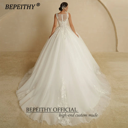 BEPEITHY Scoop Sleeveless Ivory Princess Wedding Dresses 2023 For Women Bride White Lace Vintage Court Train Bridal Ball Gown