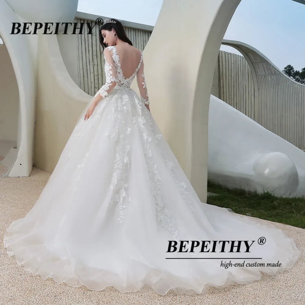 BEPEITHY Princess Lace Wedding Dress Long Sleeves Romantic Open Back Sexy Ball Gown Bride Wedding Gown Bridal For Women 2023