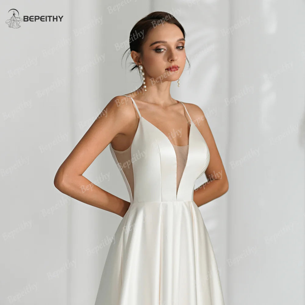 BEPEITHY Simple Satin Ivory V Neck Wedding Dresses For Women Party Sleeveless Sexy Backless A Line Bride White Bridal Gown Vesti