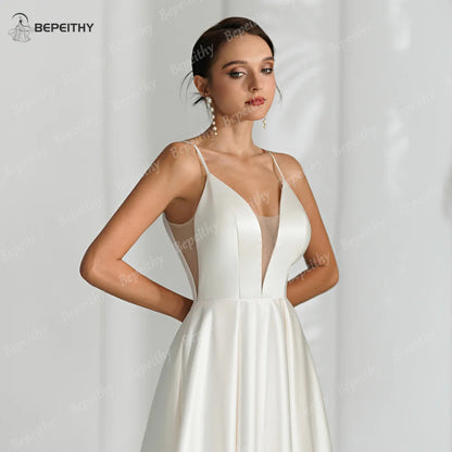 BEPEITHY Simple Satin Ivory V Neck Wedding Dresses For Women Party Sleeveless Sexy Backless A Line Bride White Bridal Gown Vesti