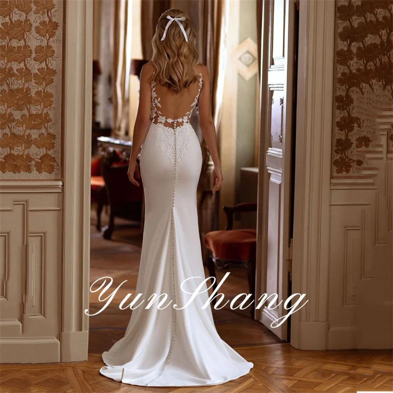 Yunshang elegantes vestidos de novia de sirena para mujer espalda abierta escote en V encaje tirantes finos vestido de novia cola larga vestidos de novia