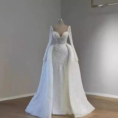 Vestidos de novia de lujo con perlas blancas y cola desmontable, vestidos de novia de sirena de manga larga con escote en forma de corazón