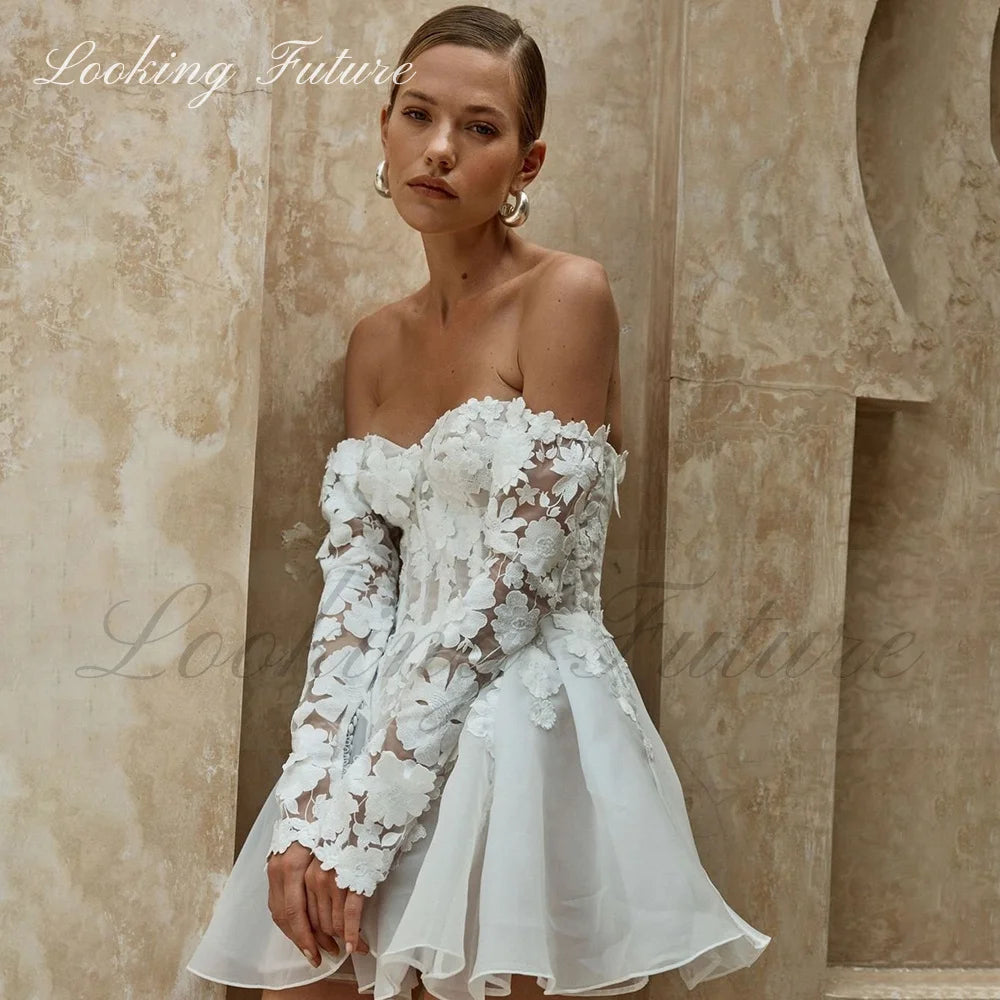 Civil Short Boho Wedding Dresses Appliques Half Sleeve sweetheart Mini Wedding Gowns For Bride Floral Print Robes De Mariage