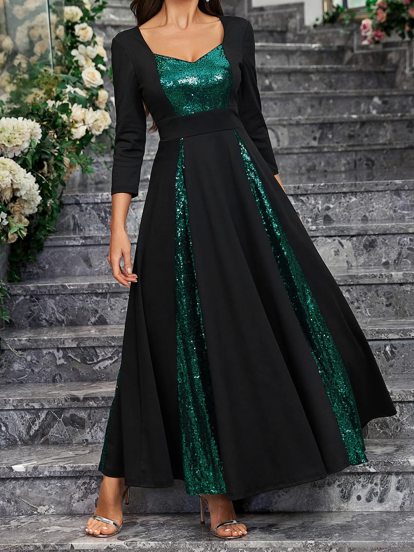 Women'S Vintage Full Sequin Formal Long Dress V Neck Open Back Wedding Party Gowns 2024 Stretchy Graduation Cocktail Prom Dress