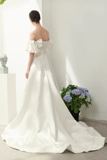 Wedding Dresses off-shoulder satin A-line long- Sleeves Vestido De Noiva Elegant short-shoulder Bridal Gown plus size