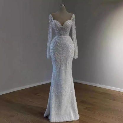 Vestidos de novia de lujo con perlas blancas y cola desmontable, vestidos de novia de sirena de manga larga con escote en forma de corazón