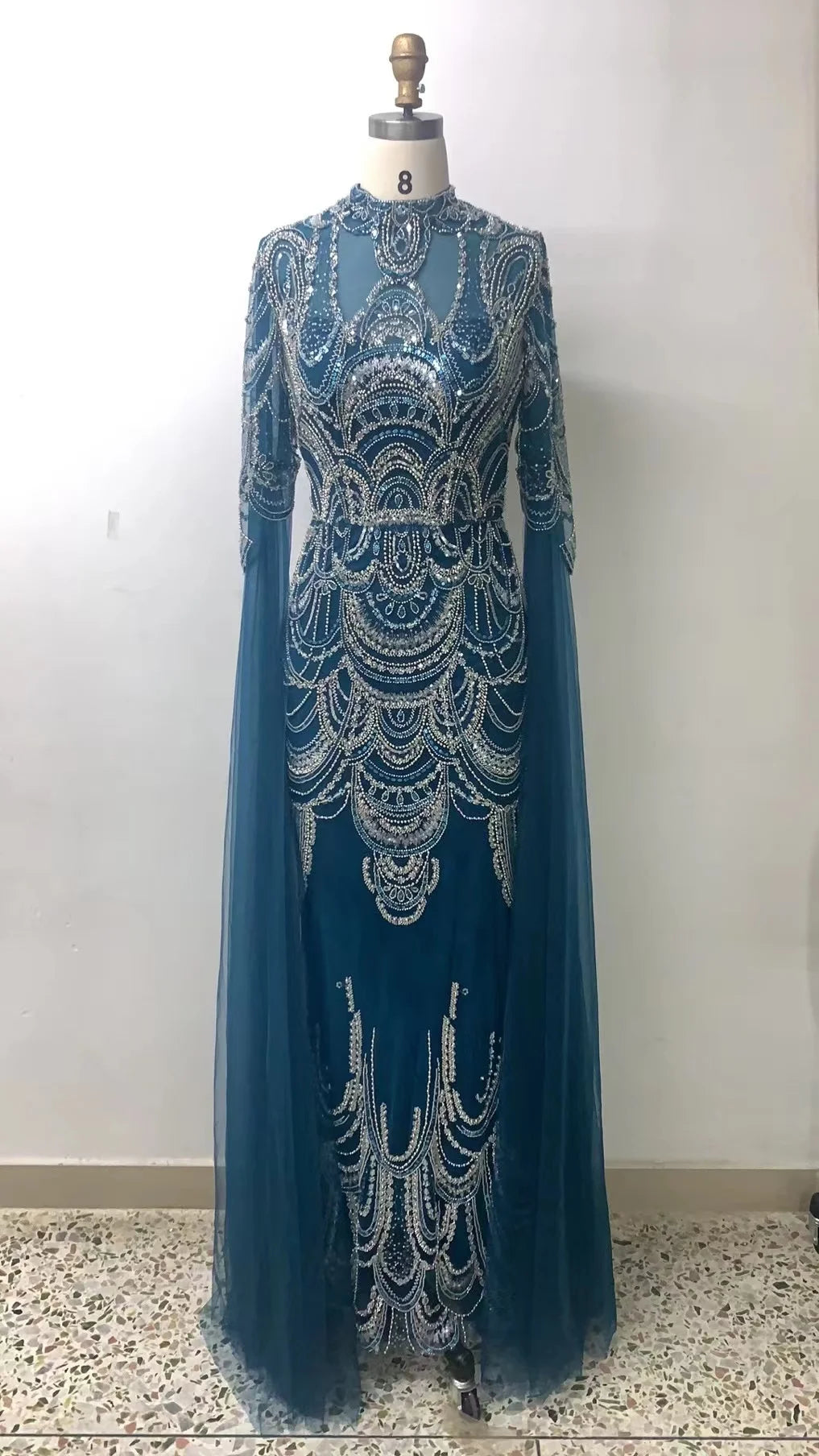 Hot Sale Arabic Blue Mermaid Lace Beaded Formal Occasion Evening Dresses With Cape For Woman Wedding Prom Party Gowns LA72033