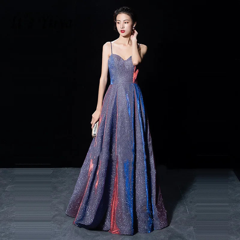 Sleeveless Evening Gown Purple Square Collar Glitter Sling K327 A-line Floor-Length Lace Up Plus size Woman Party Dresses