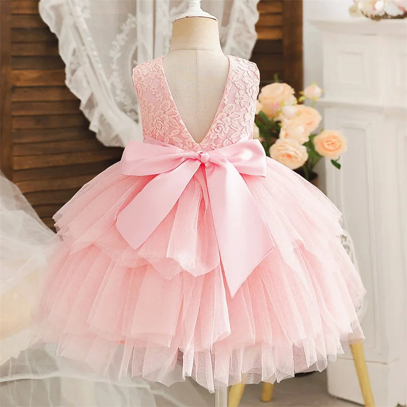 Flower Girl Dresses for Wedding Kids Lace Backless Tulle Tutu  Princess Prom Party Clothes Baby 1st Birthday Baptism White Dress