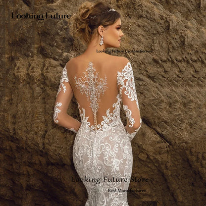 Robe de mariée sirène exquise à manches longues avec appliques en dentelle pour femmes, sexy, décolleté en V profond, dos nu, robe de mariée 2024