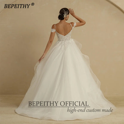 BEPEITHY Glitter A Line Ivory Wedding Dresses For Women 2022 Bride Off The Shoulder Sweep Train Ruffles Lace Vintage Bridal Gown