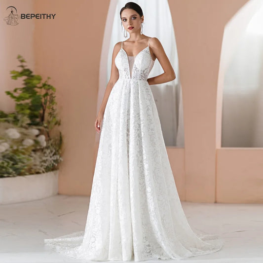 BEPEITHY Simple French Lace A Line Wedding Dresses For Women Sleeveless Sexy Open Backless Beach V Neck Bride Bridal Party Gown