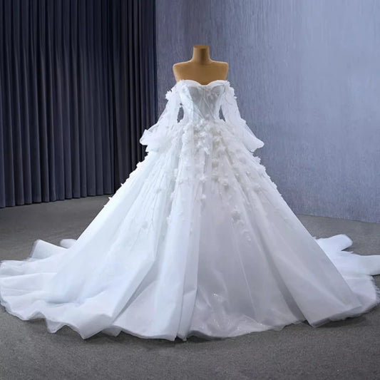 Vestidos de novia musulmanes árabes de lujo con hombros descubiertos y flores, cola capilla, vestidos de novia de graduación, vestidos novias boda, ropa de quinceañera