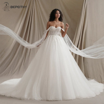 BEPEITHY Sweetheart Glitter Princess Wedding Dresses For Women With Flown Summer Court Train Bride Ivory Bridal Ball Gown 2024