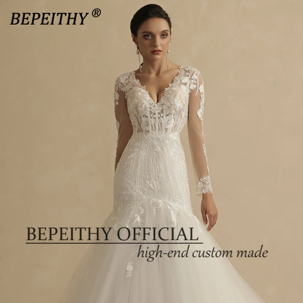 BEPEITHY Vintage V Neck Trumpet Wedding Dresses For Women 2022 Full Sleeves Court Train Lace Ivory White Boho Bride Bridal Gown