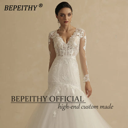 BEPEITHY Vintage V Neck Trumpet Wedding Dresses For Women 2022 Full Sleeves Court Train Lace Ivory White Boho Bride Bridal Gown