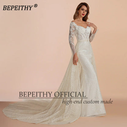 BEPEITHY Ivory Lace Long Evening Dress Formal Occassion With Full Sleeves For Women Square Court Train Party Gown 2023 Hot Sale