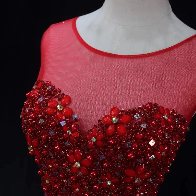 Vestidos de noche rojos brillantes con diamantes de imitación y cuello redondo, estilo sirena, para graduación, celebridades, fiestas, para mujer